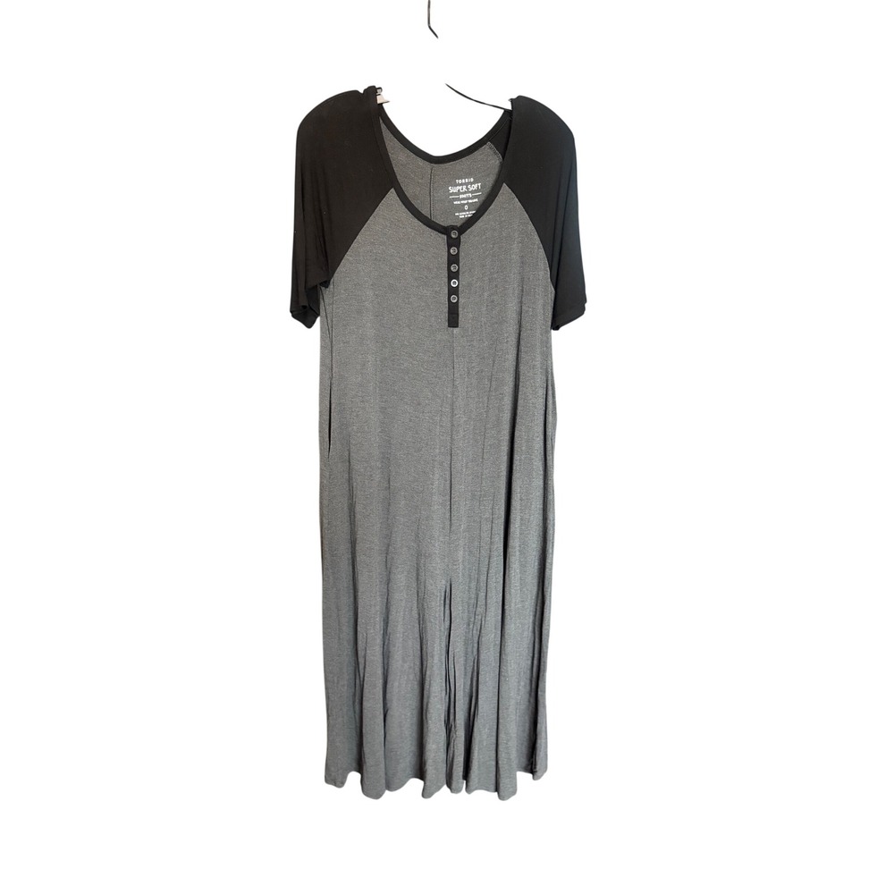 Torrid Super Soft Jumpsuit Womens 0 L 12 Gray Black Henley Short Sleeve Wide Leg